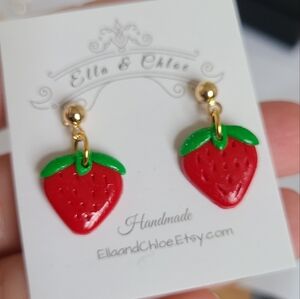 Handmade Red Strawberry Spring Summer Gold Ball Stud Drop Dangle Fruit Earrings